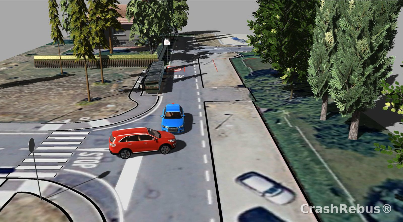 Ricostruzione 3D di un'intersezione con un'auto rossa in immissione