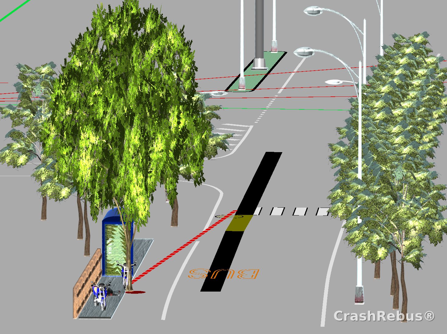 Modello 3D con alberi, pali e pensilina e la linea di vista tra conducente e ostacolo